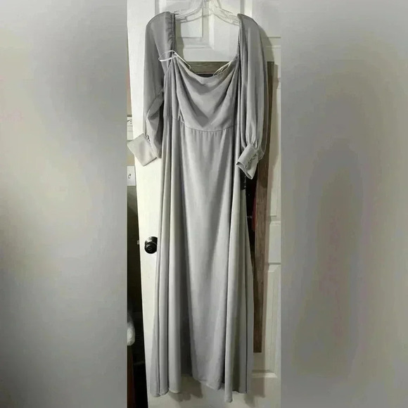 Lulus Feel the Romance Gray Maxi Bridesmaid Off The Shoulder1